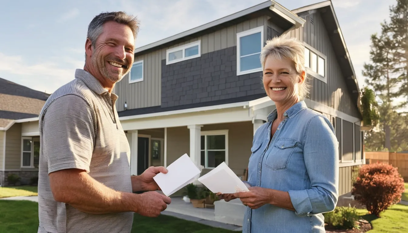 Friendly provider and homeowner reviewing new siding samples outside a stucco ranch home in Whittier